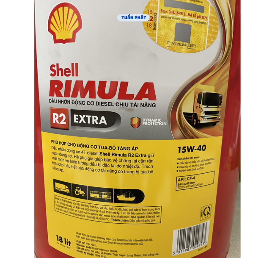 Nhớt Shell Rimula R2 Extra 15W40 CF-4 18 LÍT 