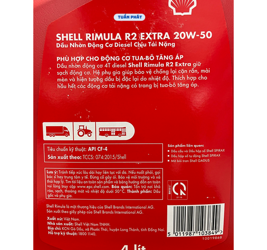 NHỚT SHELL RIMULA R2 EXTRA  20W-50 CF-4 LOẠI 4 LÍT